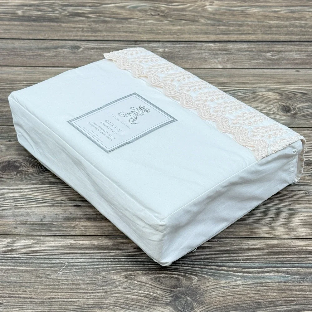 Rachel Ashwell Embroidered Eyelet Hem QUEEN Sheet Set White Pink 100% Cotton
